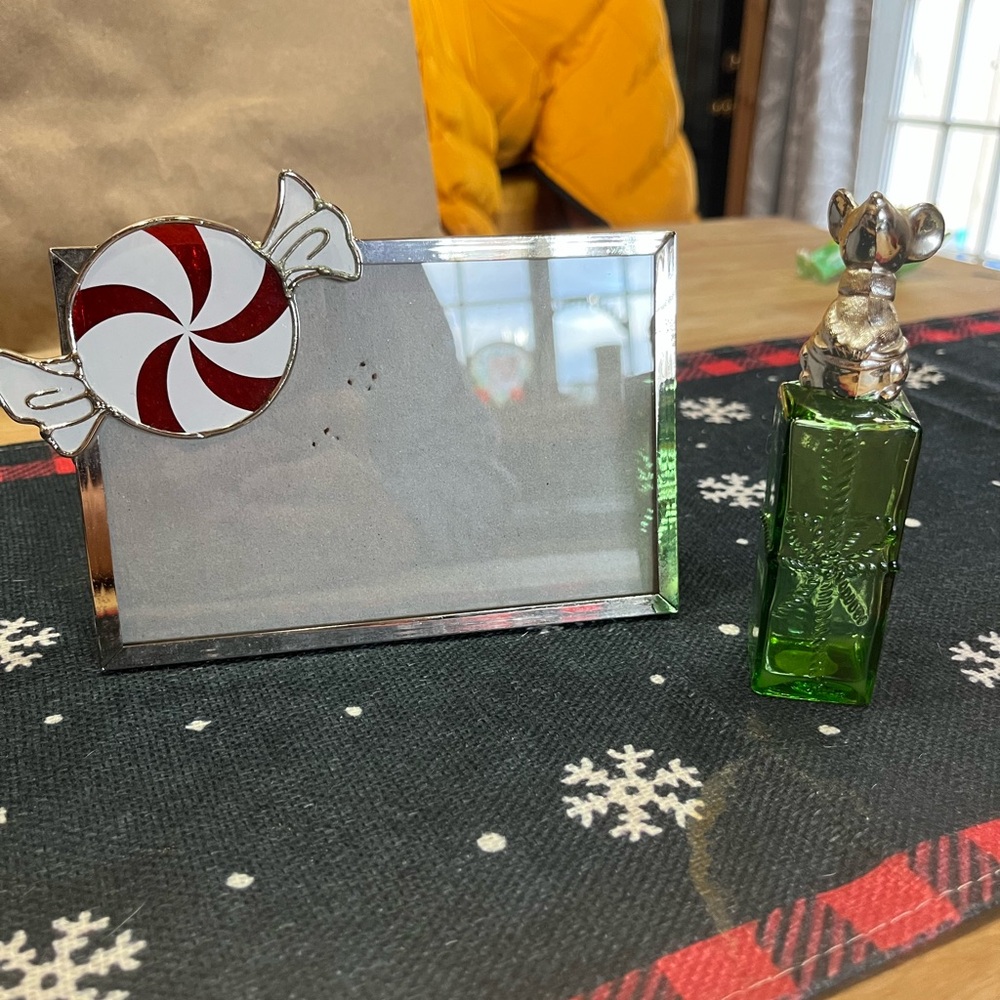 Silver Frame with Red and White Candy Design and Green Glass Avon Perfume Bottle